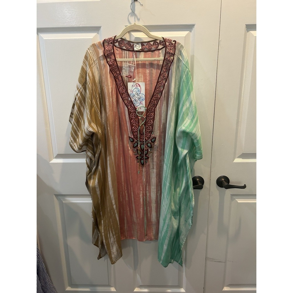 NWT Tikka Resort Caftan Maxi Dress Tie Dye Embroidered Beaded Boho One Size